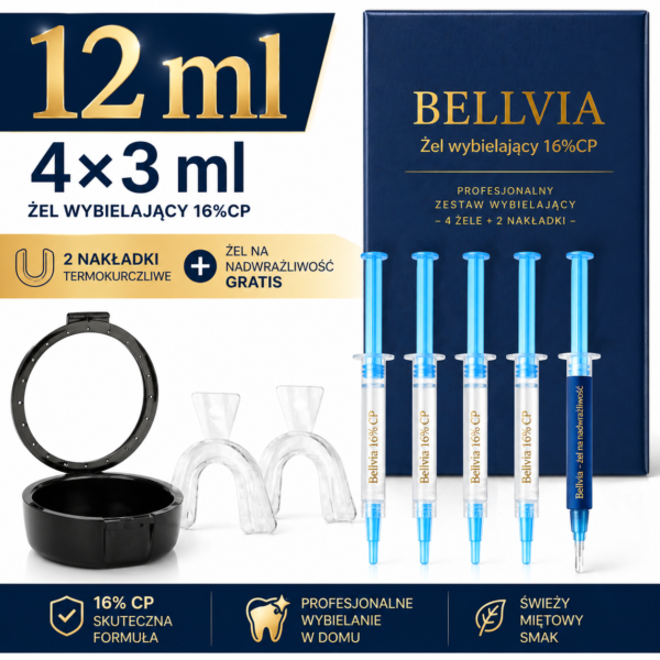 Zestaw Bellvia CP 16% żel wybielający 4 żele + 2 nakładki uniwersalne wybielające + pudełko na nakładki Gratis